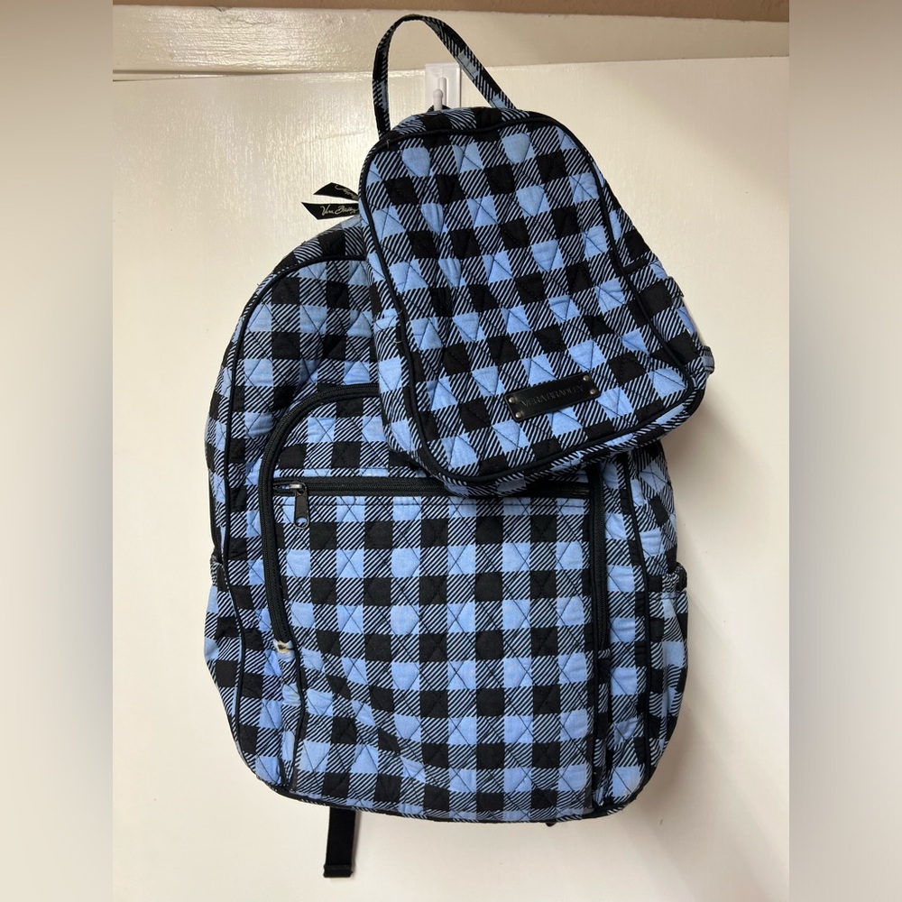 Vera Bradley Quilted Campus Backpack & Lunch Tote Bag - Blue/Black Buffalo Plaid